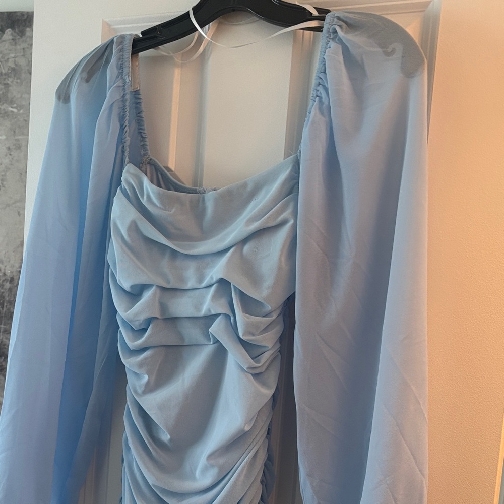 Hello Molly Light Blue Ruched Long-Sleeve Dress